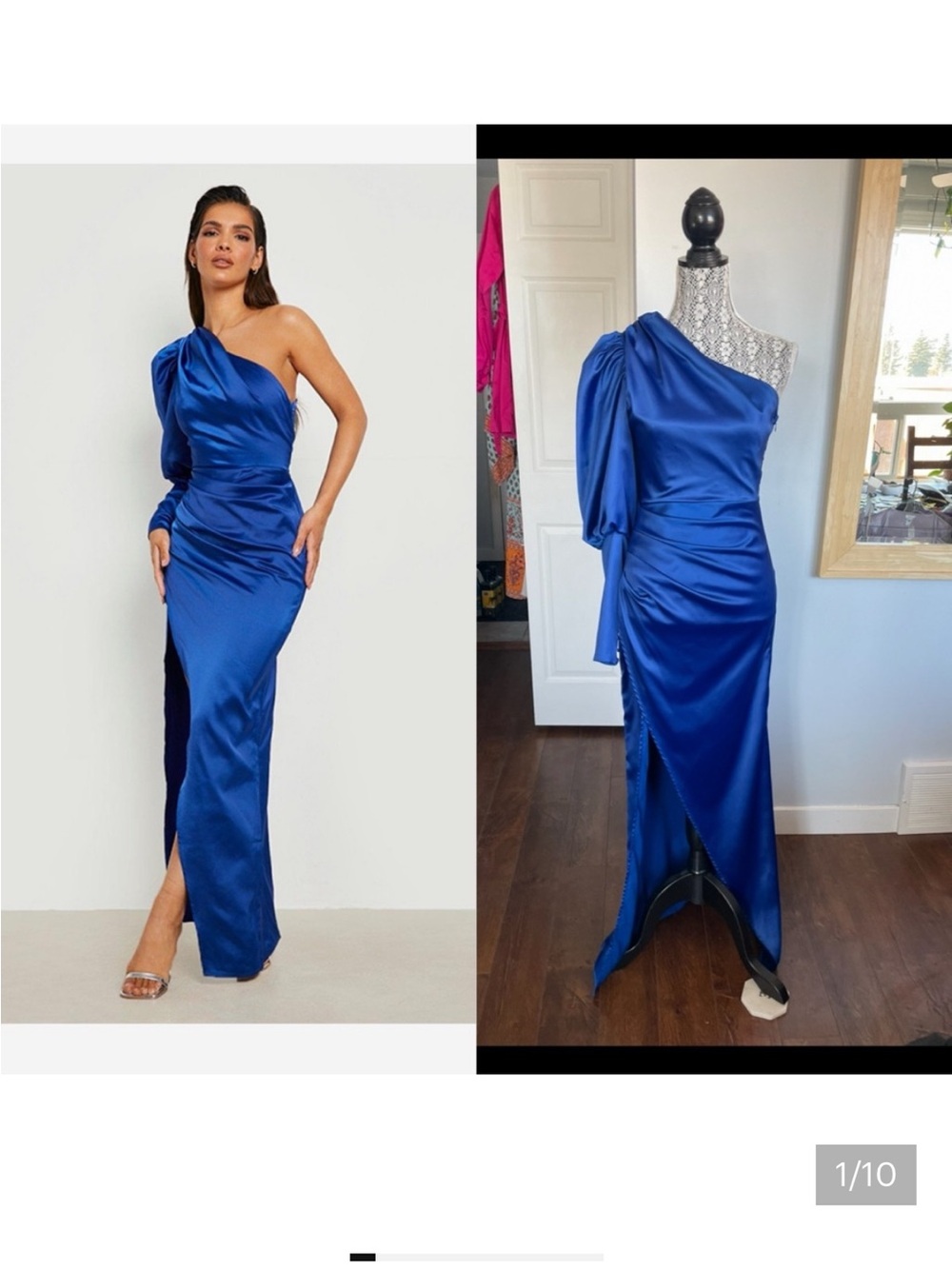 STUNNING One Shoulder Side Ruched Maxi Dress With Side Slit. Royal Blue. Medium